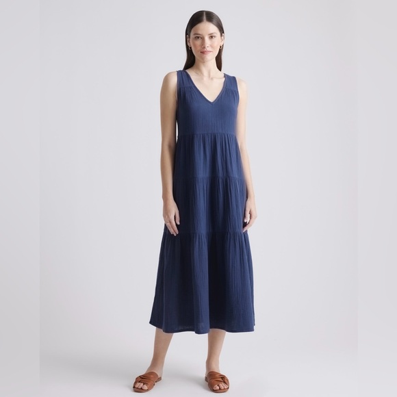 Quince Dresses & Skirts - QUINCE Tiered Maxi Dress Organic Gauze Cotton Large Grey/ Indigo Blue